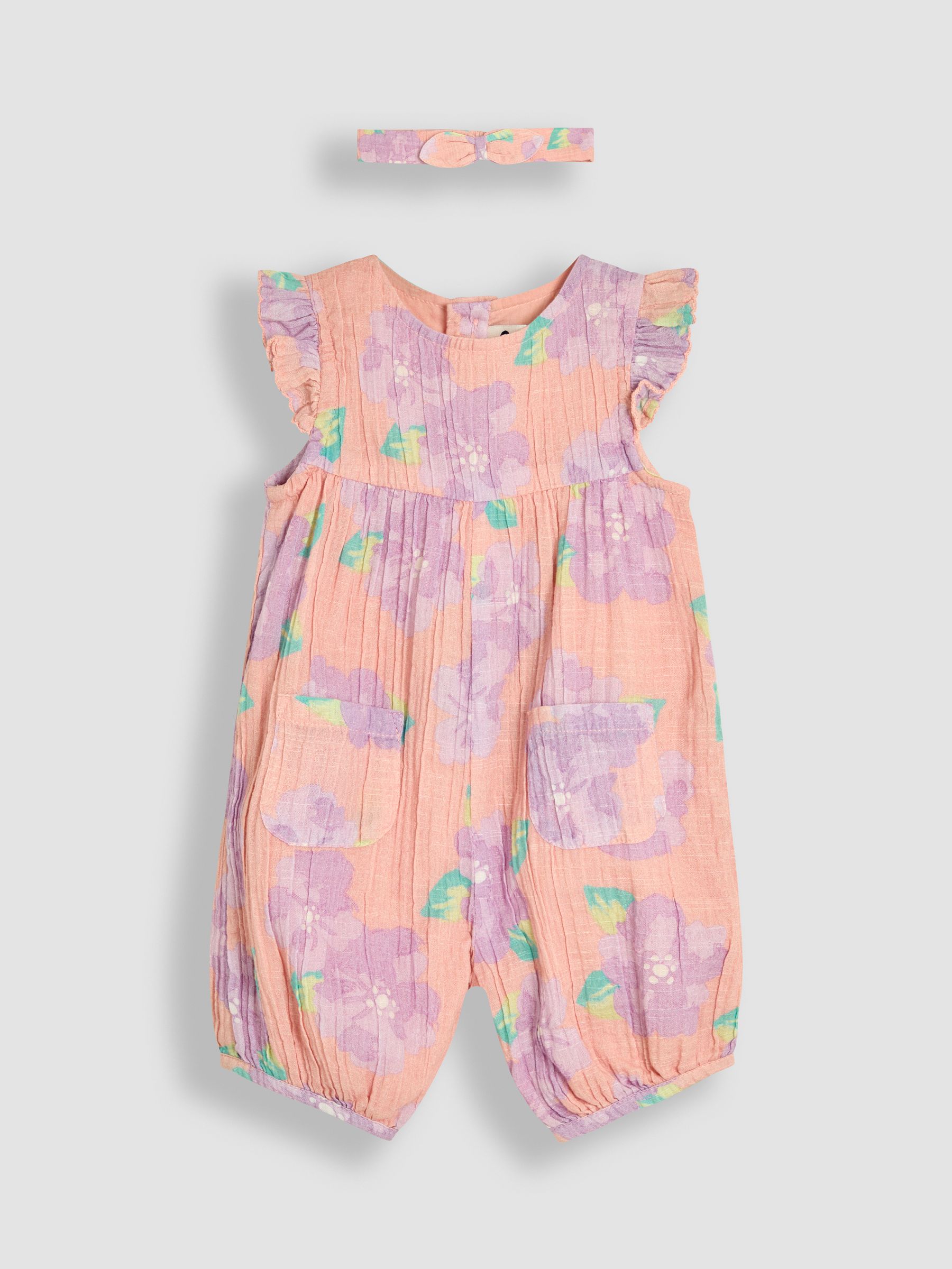 JoJo Maman Bébé 100% Cotton Pretty Ruffle Shoulder Sunsuit with Headband