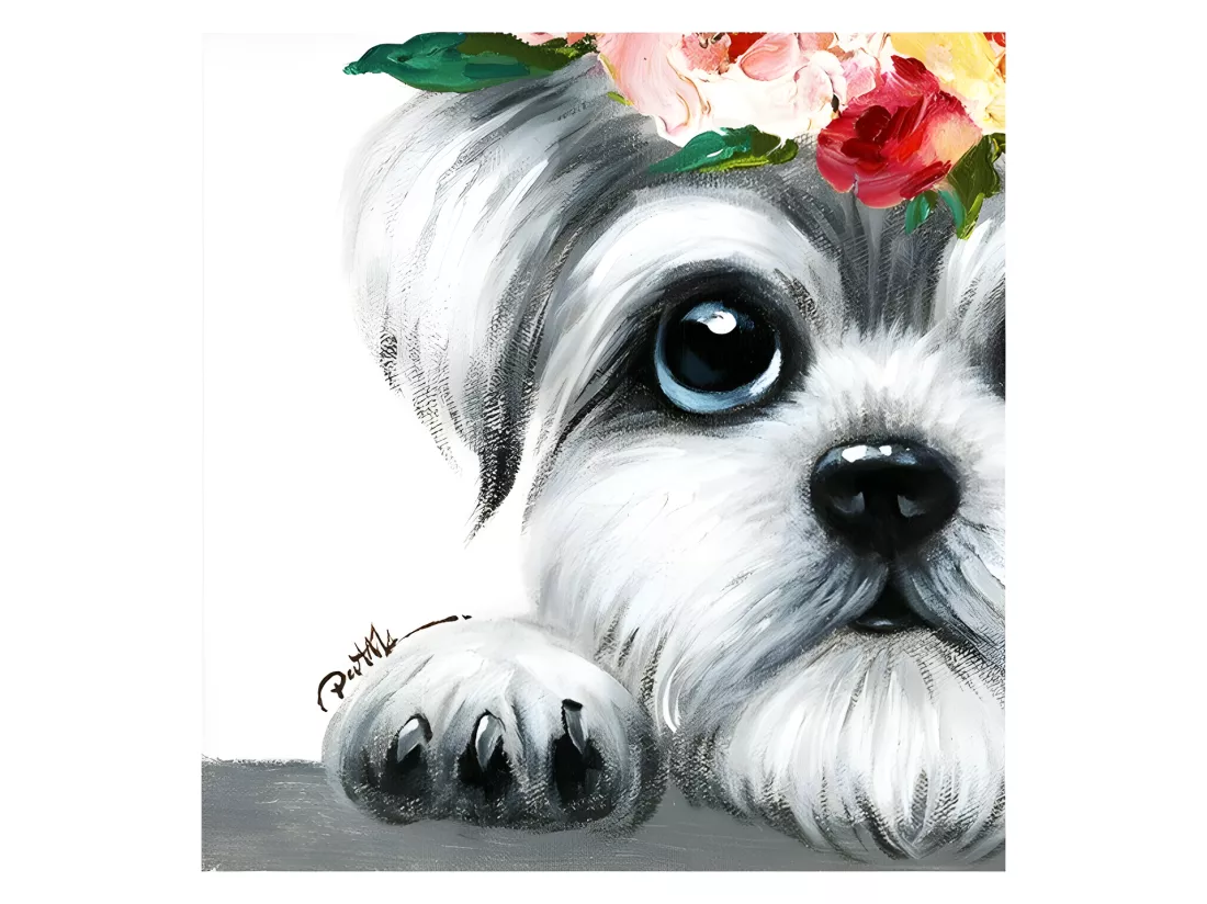 Tableau peinture Chien couronne de fleurs 50 x 50 cm - Doggy