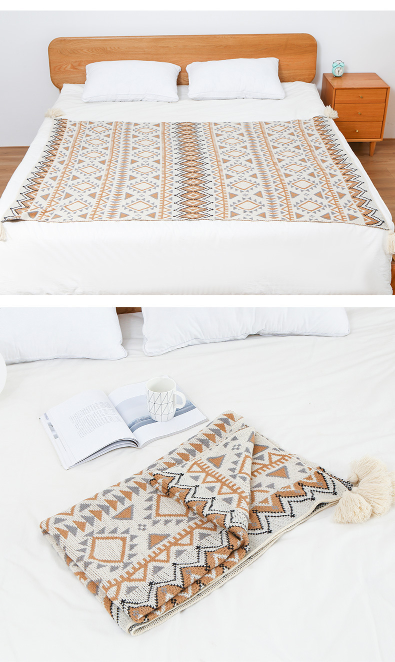 (110x130cm) Boho Kuschel Decke TV Lounge Strickdecke mit Quasten - Creme / Braun