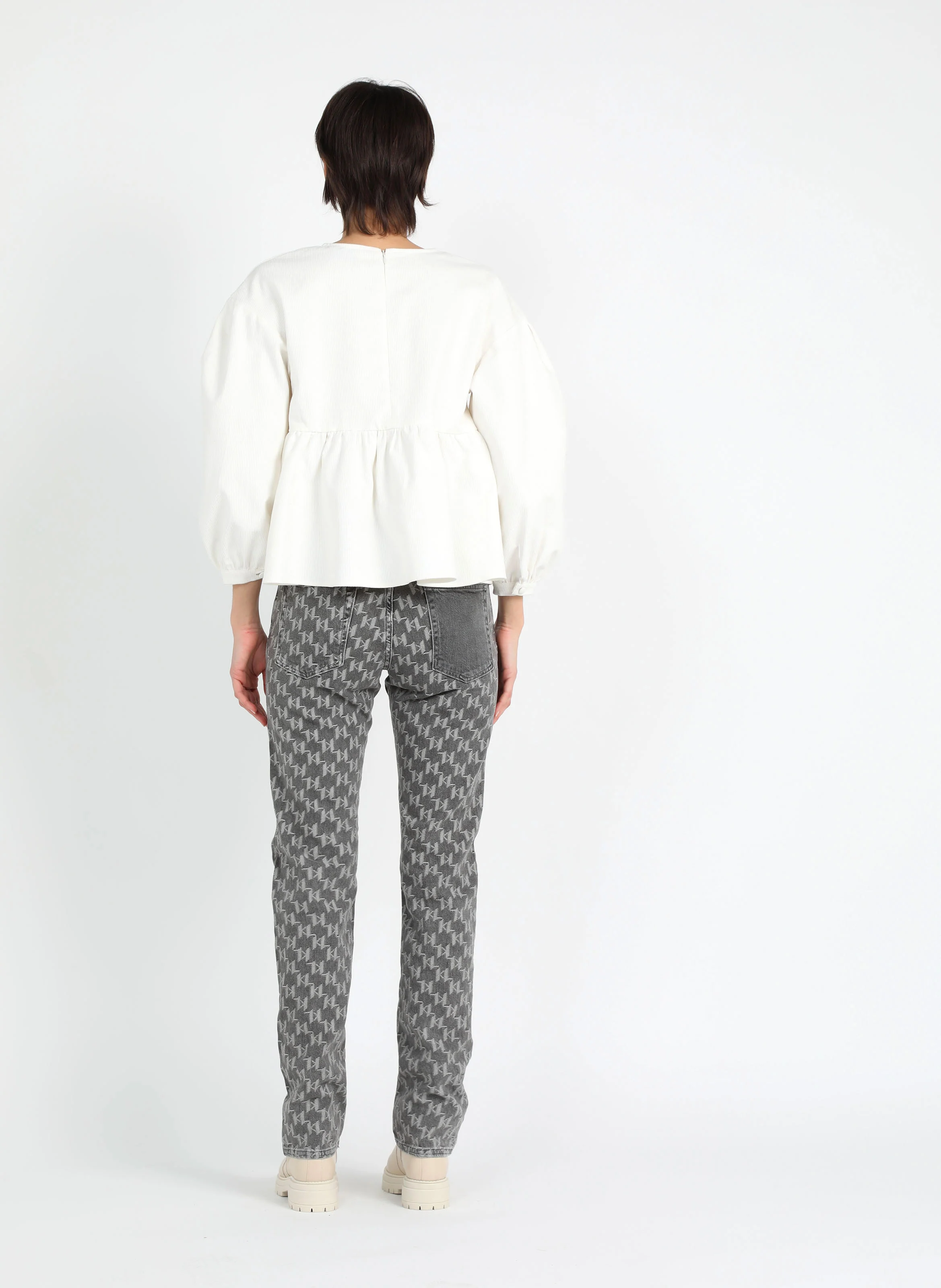 Jean délavé en jacquard en coton mélangé| Gris