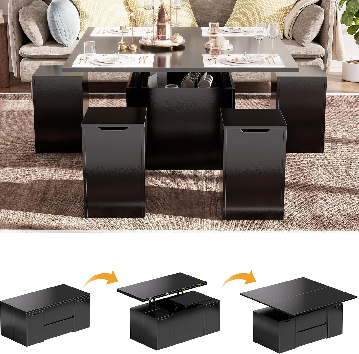 Couchtisch Umwandelbar in Wohnzimmer-Esstisch, 4 in 1 Couchtisch Höhenverstellbar, Multifunktions-Wohnzimmertisch mit Schublade & verstecktem Fach, Sofatisch Kaffeetisch Esstisch mit 4 Hockern,Schwarz