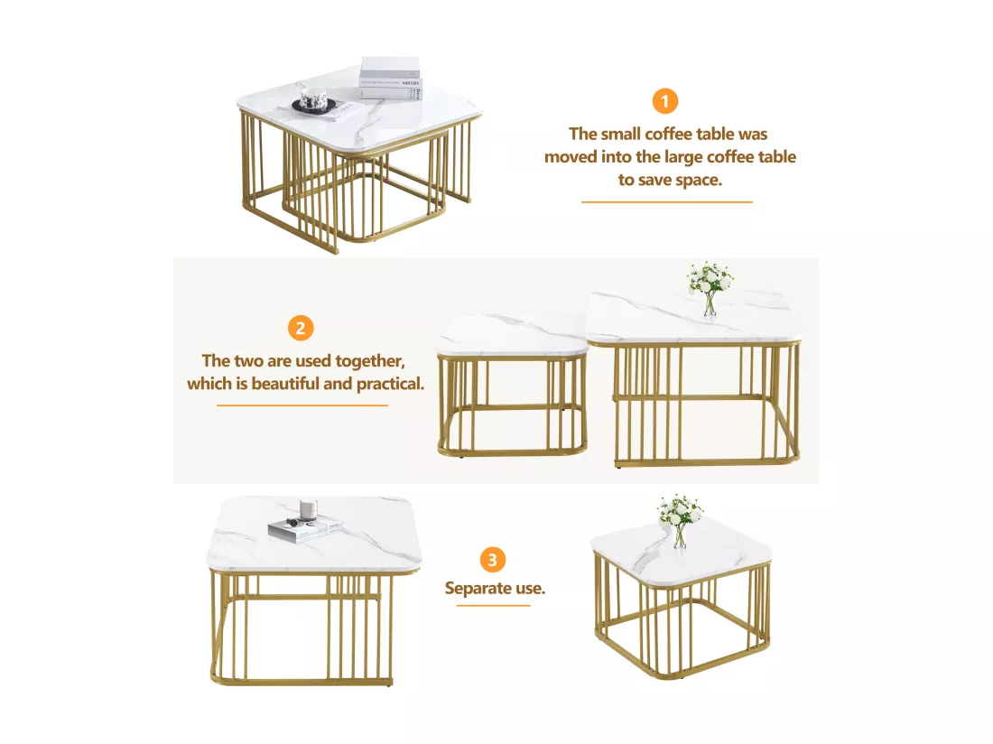 Lot de 2 tables basses carrées aspect marbre brillant - 70x70x45cm et 50x50x36,5cm - Bois MDF - Blanc