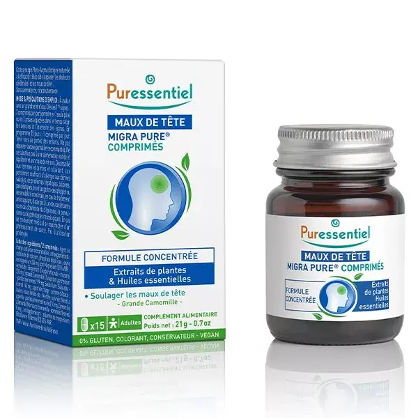 Comprimidos para alívio da dor de cabeça Puressentiel Migra Pure® 15 comprimidos