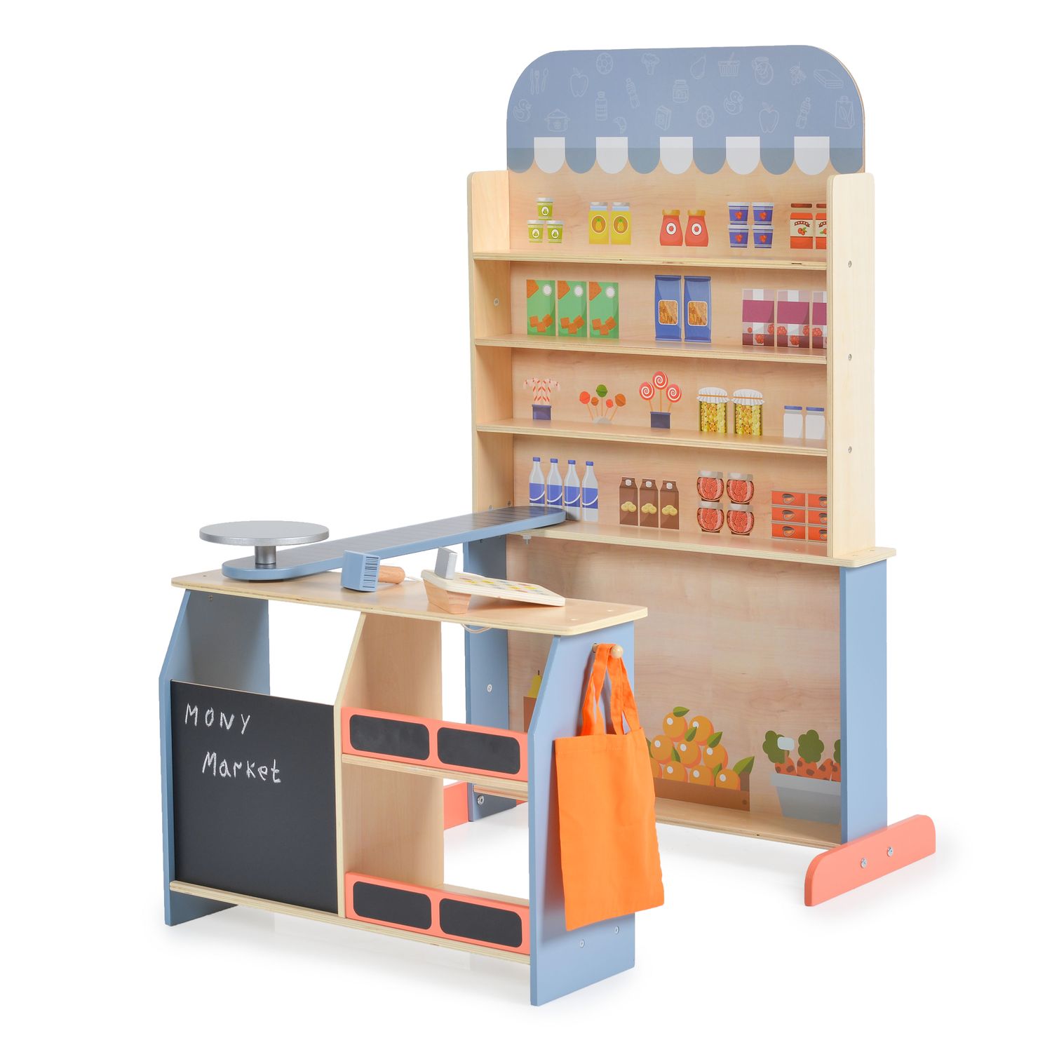 Moni Kinder Kaufladen 4426 Holz, Supermarkt, Tafel, Tasche, Kasse mit Scanner blau