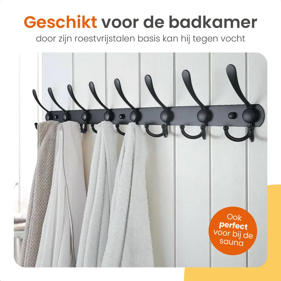 Goliving Wandkapstok – 24 Haaks Hangende Kapstok – Muurkapstok – RVS – Zwart