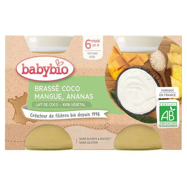 Sobremesas orgânicas à base de plantas Babybio, mexidas em pote, leite de coco, manga, abacaxi, +6 meses, 2 x 130g