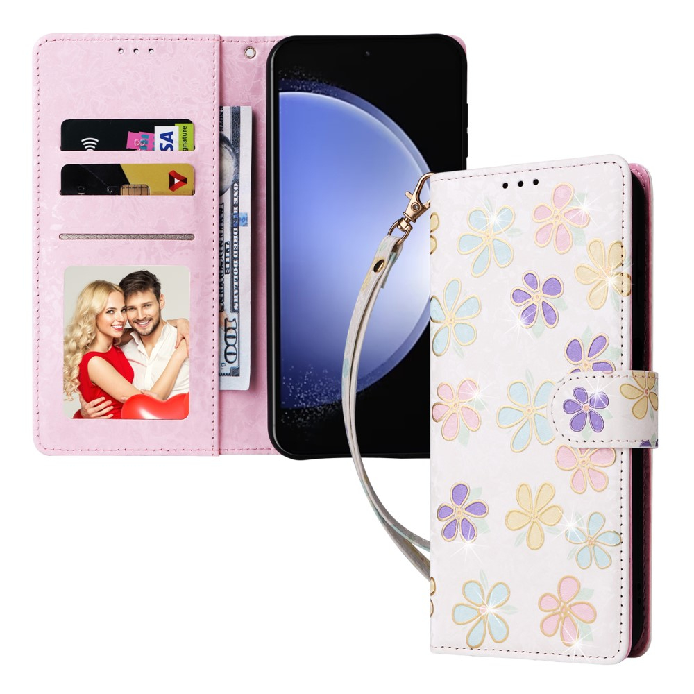 Samsung Galaxy S23 FE Leder Tasche mit Kartenfächer - Glitzer Blumen