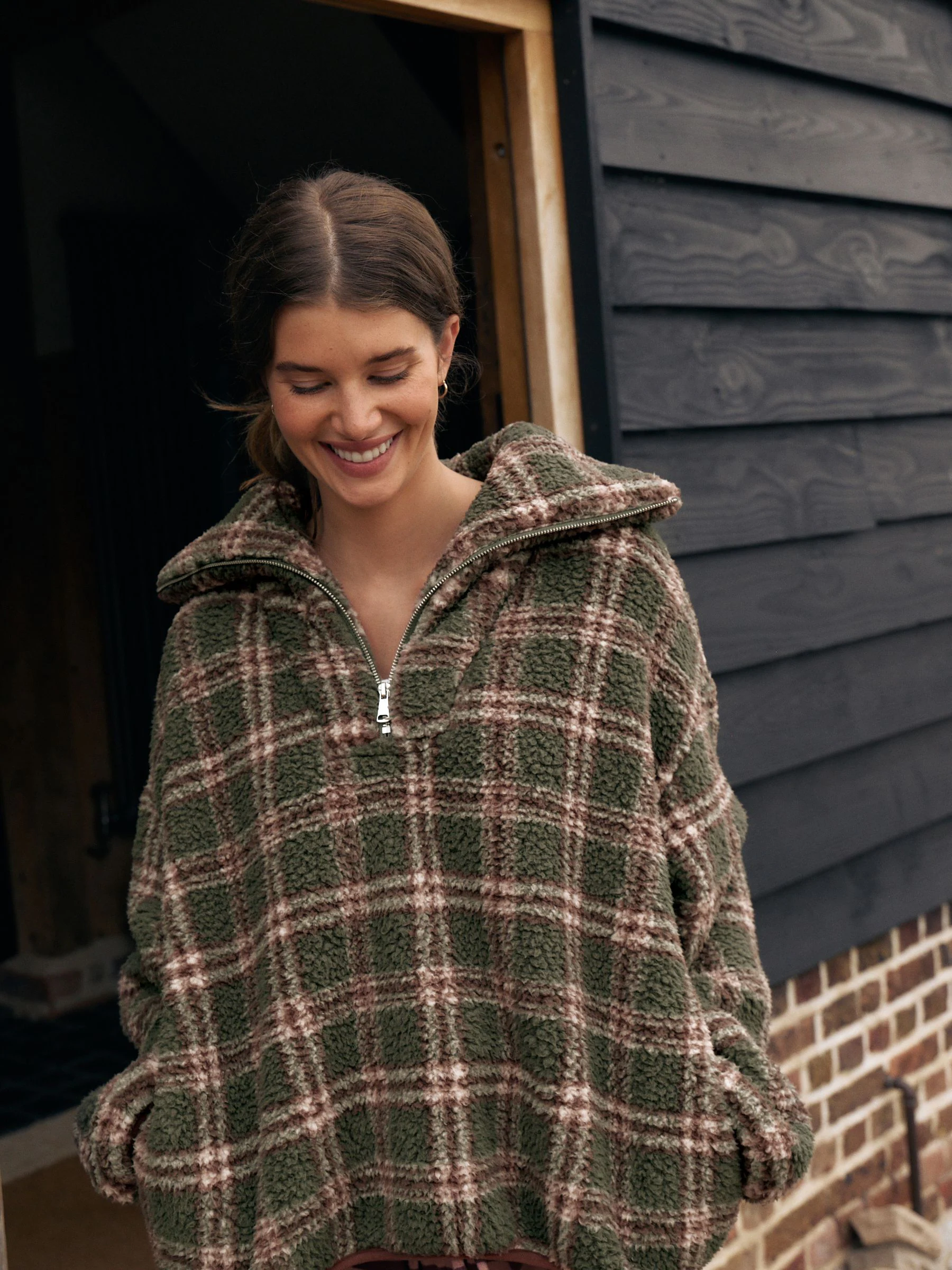 Groen/roze geruit - Borg fleece met kwartrits