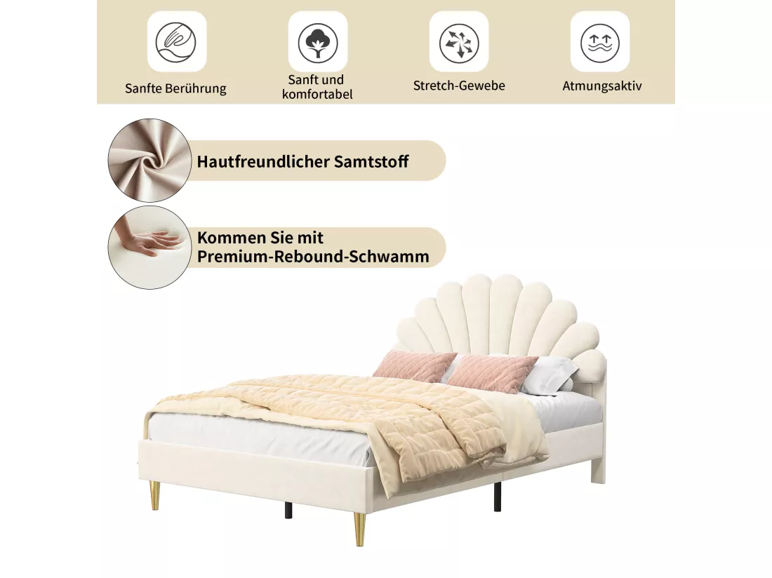 Lit double rembourré en velours - 140x200cm - tête de lit en forme de fleur - avec sommier à lattes - Beige