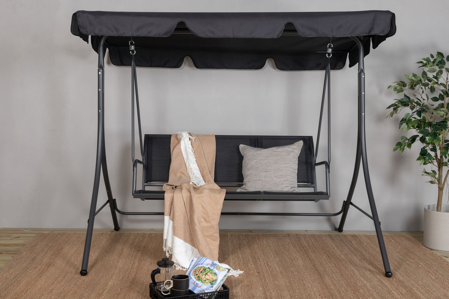 Montreal hangende tuinbank voor 3 personen, zwart. 204 x 130 x 163 cm