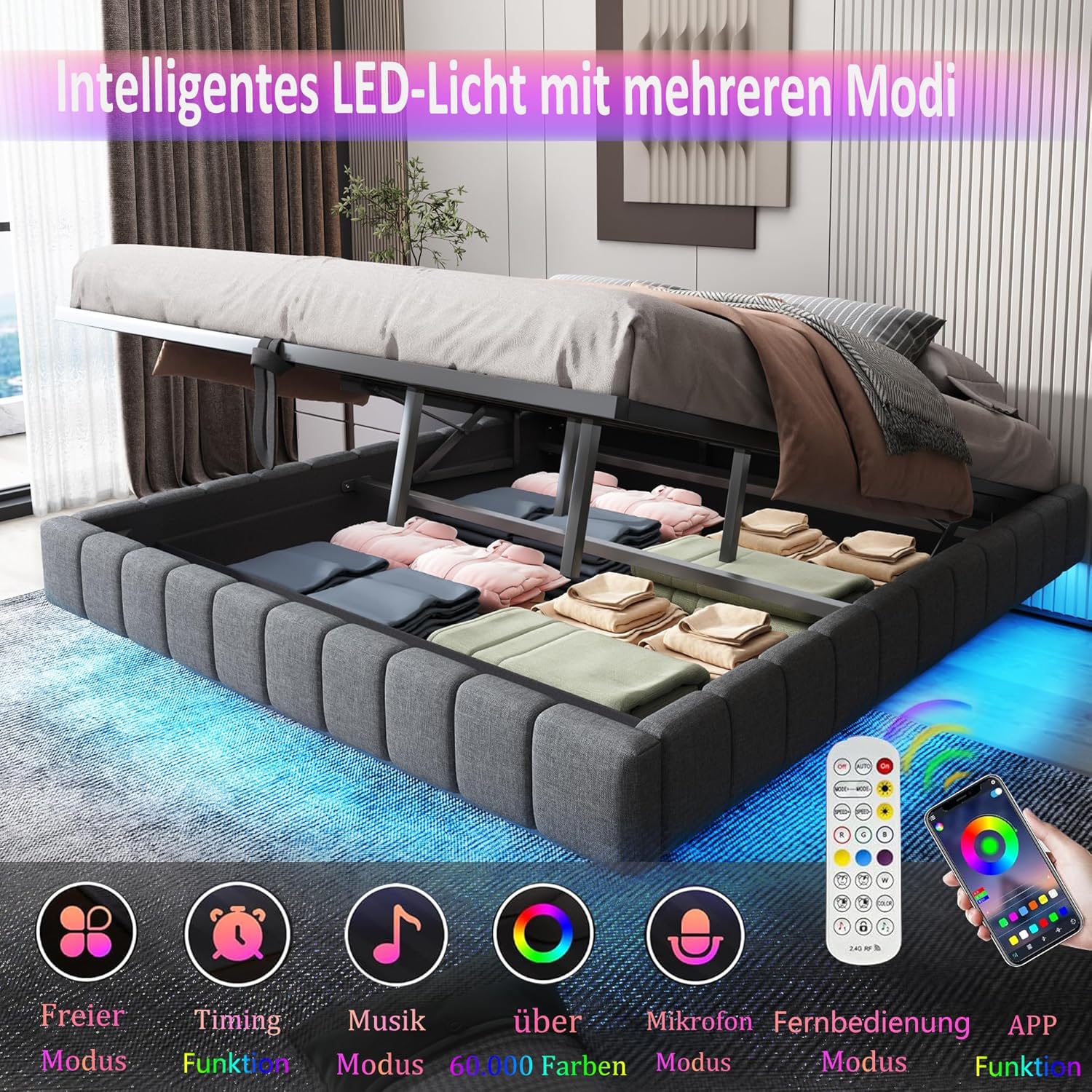 Bett 180x200 mit Stauraum, Multifunktionales Polsterbett mit Bettkasten und Schwebebettrahmen, einfacher Boxbett Jugendbett ohne Kopfteil, Leinen, Grau