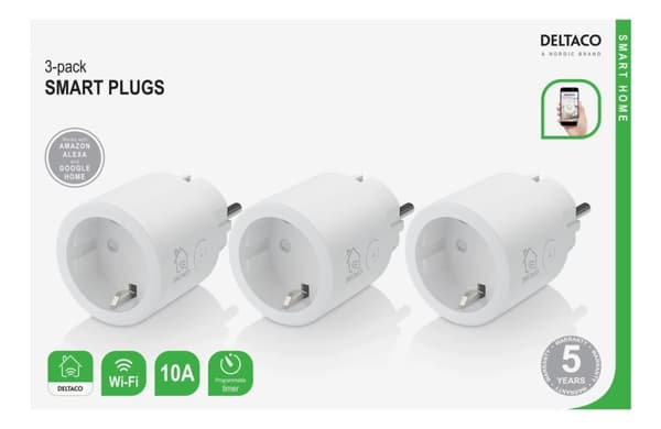 DELTACO SMART HOME-bryter, WiFi, 1xCEE 7/3, 10A, timer, 3-pk