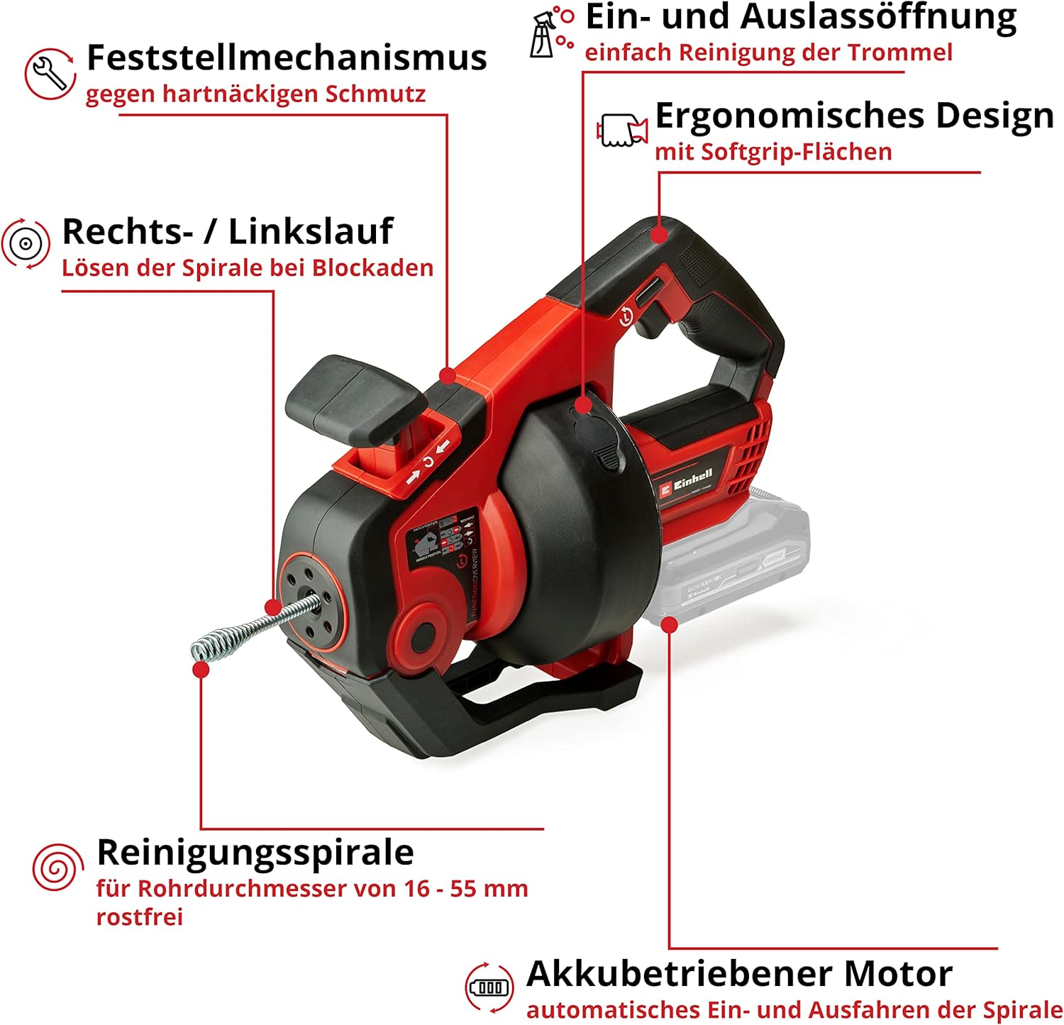 Einhell Akku-Rohrreiniger TE-DA 18/760 Li Kit Power X-Change (18 V, Li-Ion, 7,6 m lange Reinigungsspirale, geeignet für Rohrdurchmesser 16 - 55 mm, inkl. 4 Ah Akku und Ladegerät)