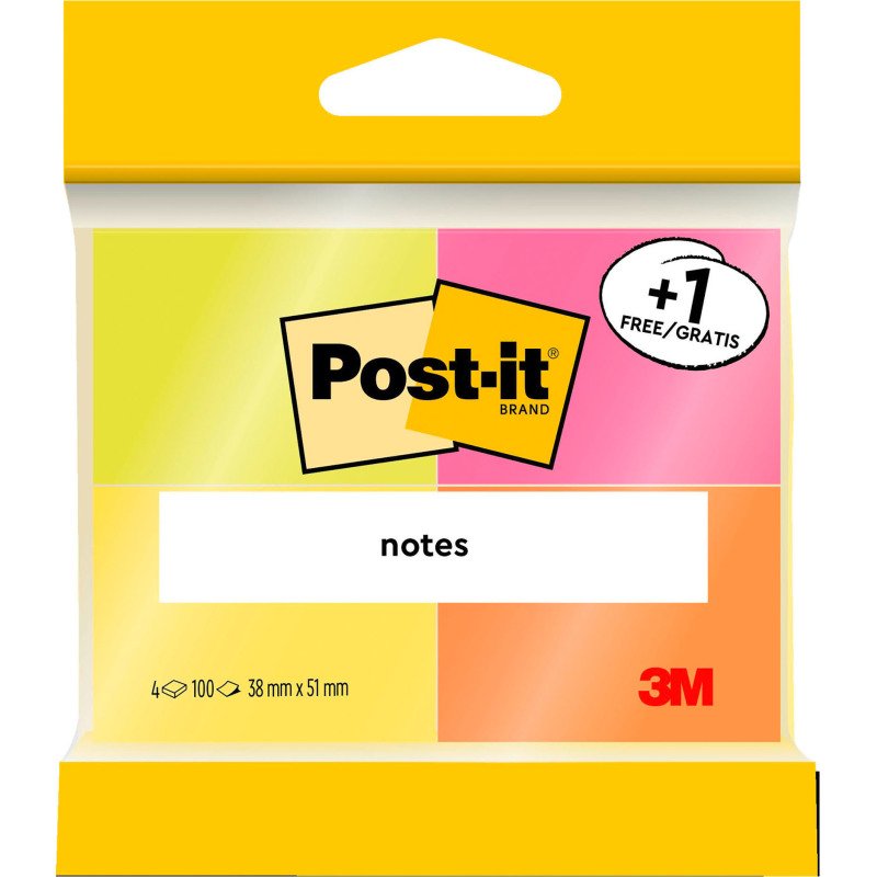 Pack 3 notes repositionnables couleurs assorties néon Post-it 38 x 51 mm- bloc de 100 feuilles + 1 offerte