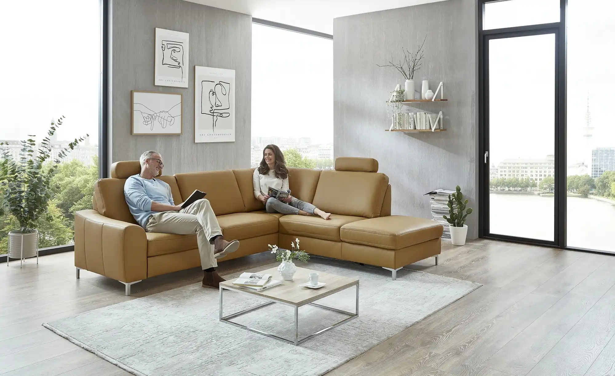 meinSofa Ecksofa mit Sitz und Rückenlehne aus Echtleder Lea