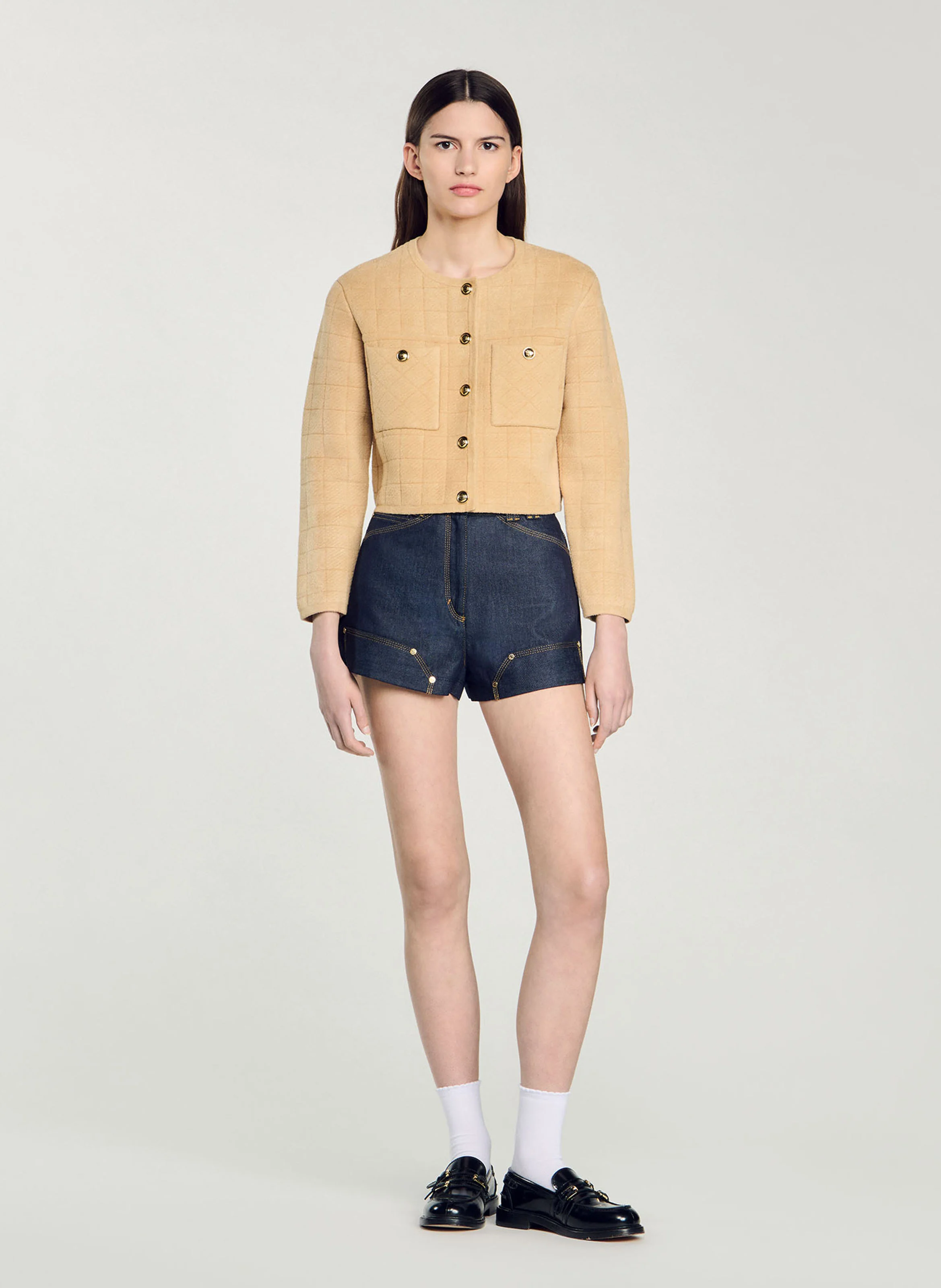 Veste col rond droite en maille | Marron
