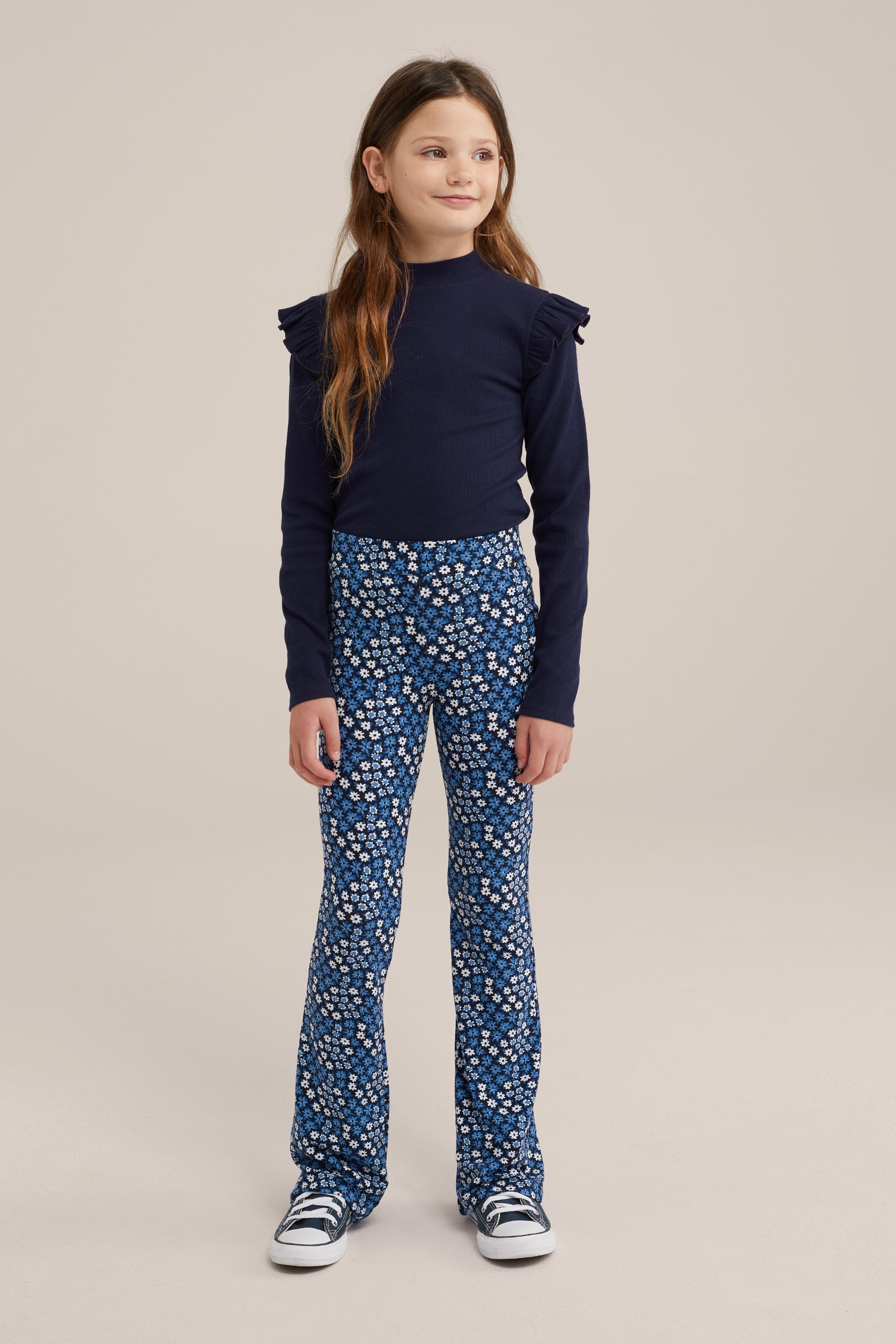Meisjes geribd T-shirt met ruches WE Fashion Donkerblauw