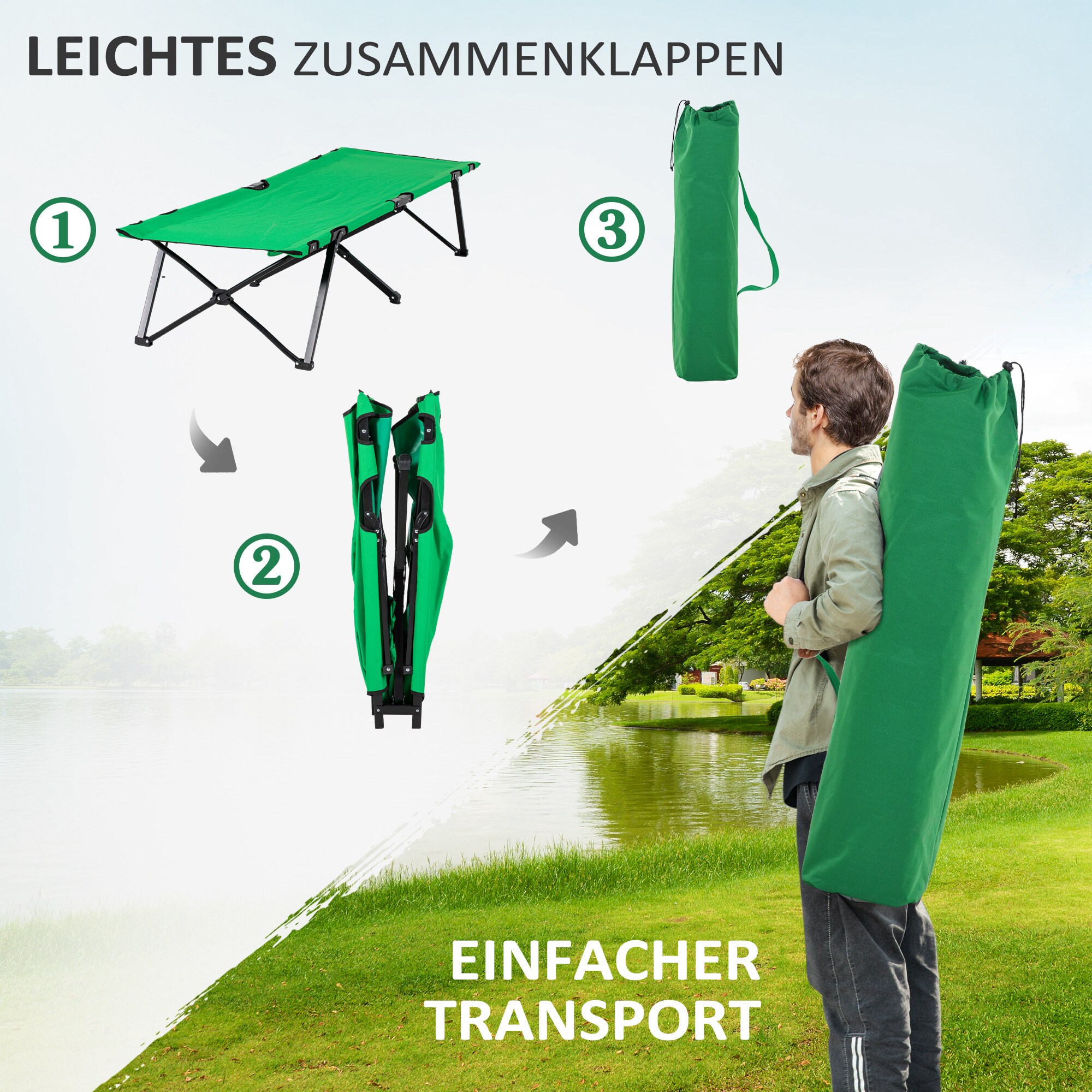 Outsunny Campingbett mit seitlicher Tasche grün, schwarz 200 x 73 x49 cm (LxBxH)