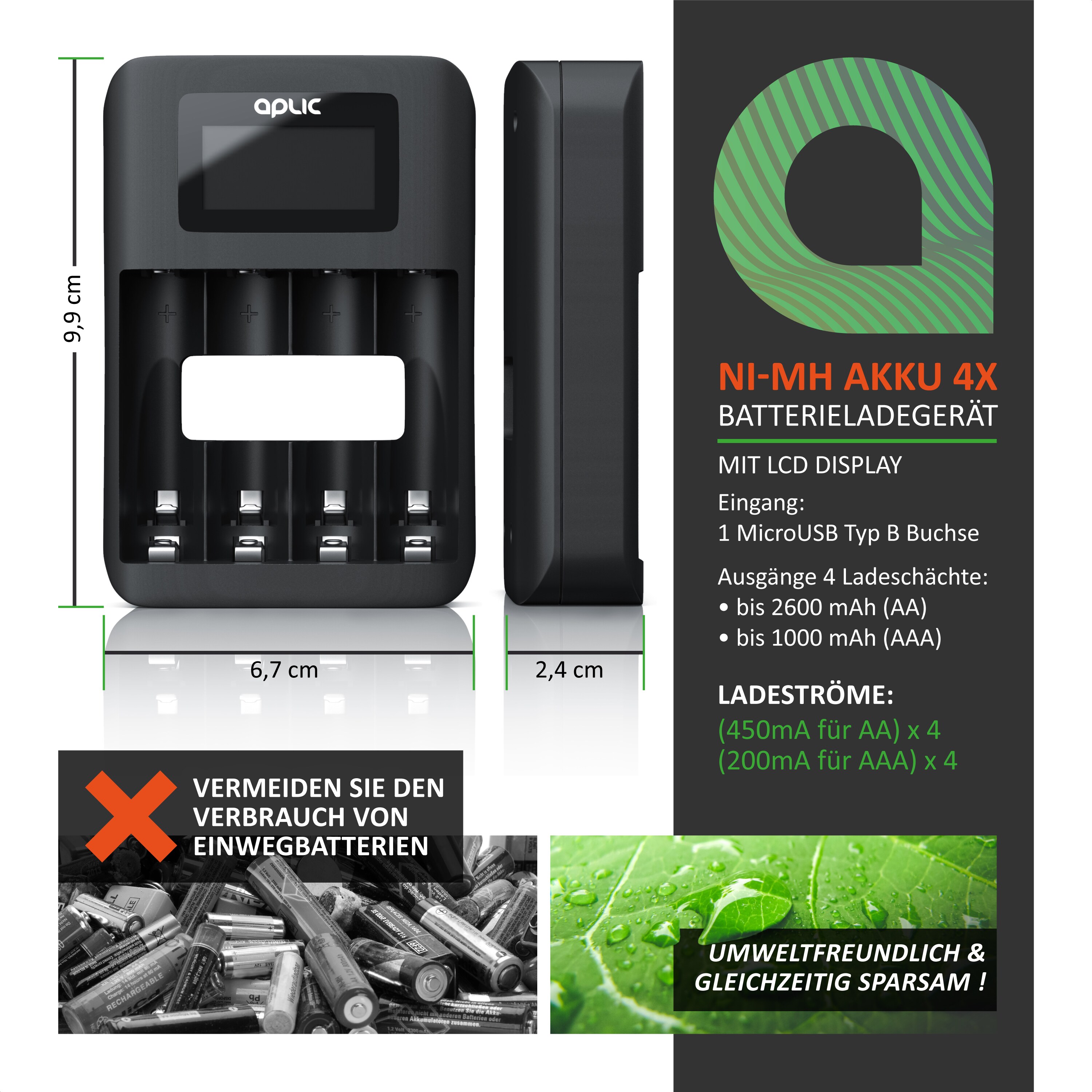 Aplic Batterie-Ladegerät 1800 mA, 4-Schacht USB Ni-MH Akku-Lader, Individuelle Ladeschachtüberwachung
