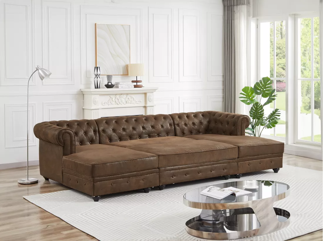 Canapé d'angle panoramique et pouf en microfibre aspect cuir vieilli CHESTERFIELD