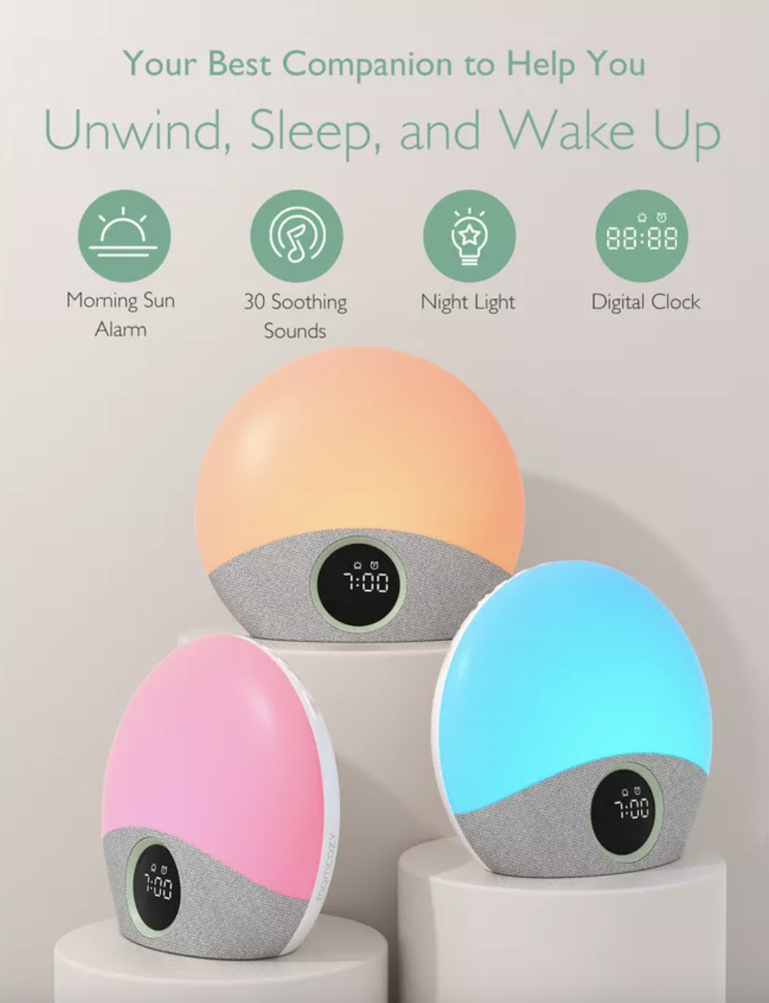 WakeUp Alarm Clock and Sound Machine Wecker Baby Bett Nachtlicht Schlafhilfe mit Dämmerungssensor (WN008-GW12BA-A) - Weiss / Grau