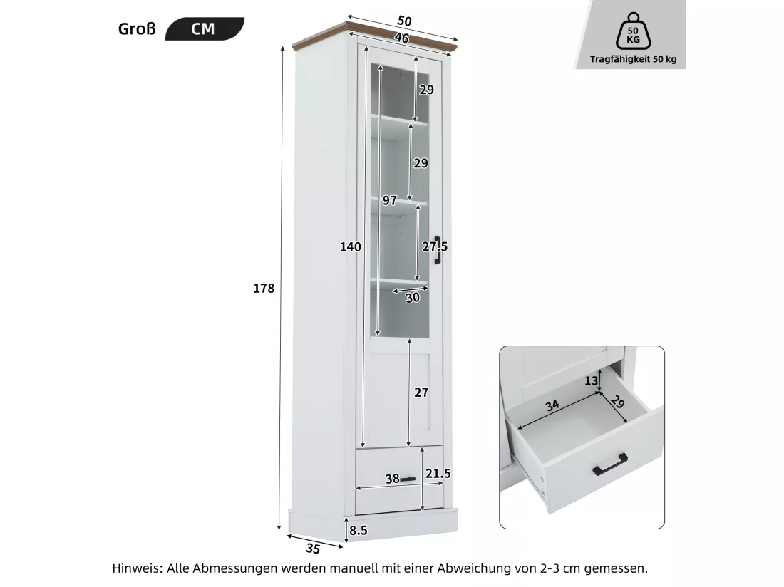 Vitrine avec 1 porte en verre et 1 tiroir - 50 x 35 x 178 cm - LEDs - Panneau de particules et verre - Blanc