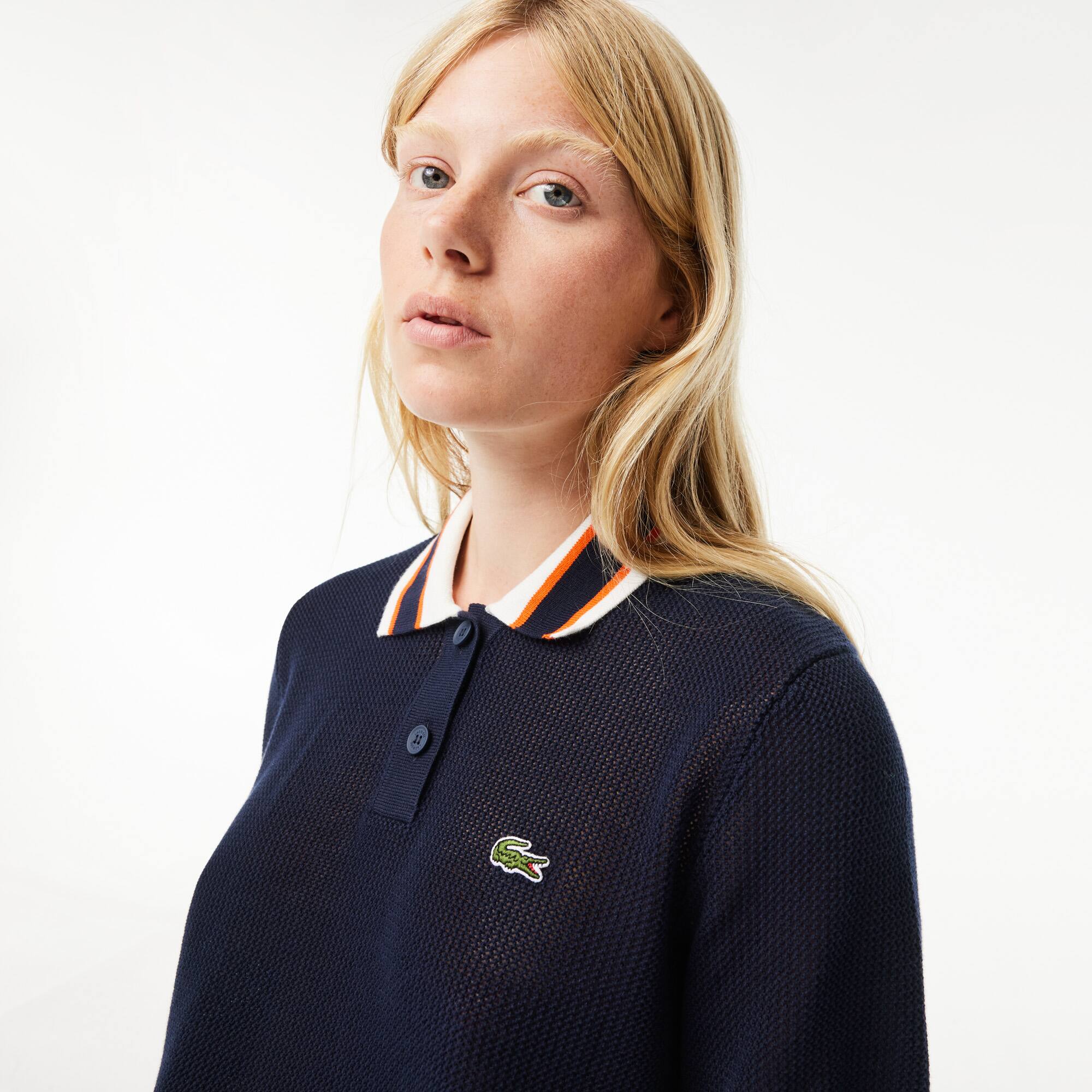 Pull col polo manches courtes en coton Pullovers - Bleu - Lacoste - Femme