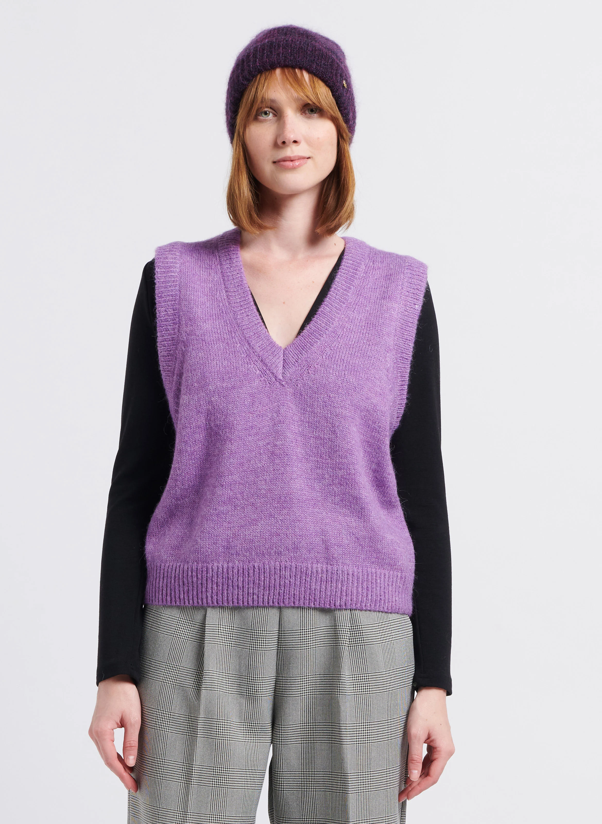 LAND - Pull col V sans manches| Violet