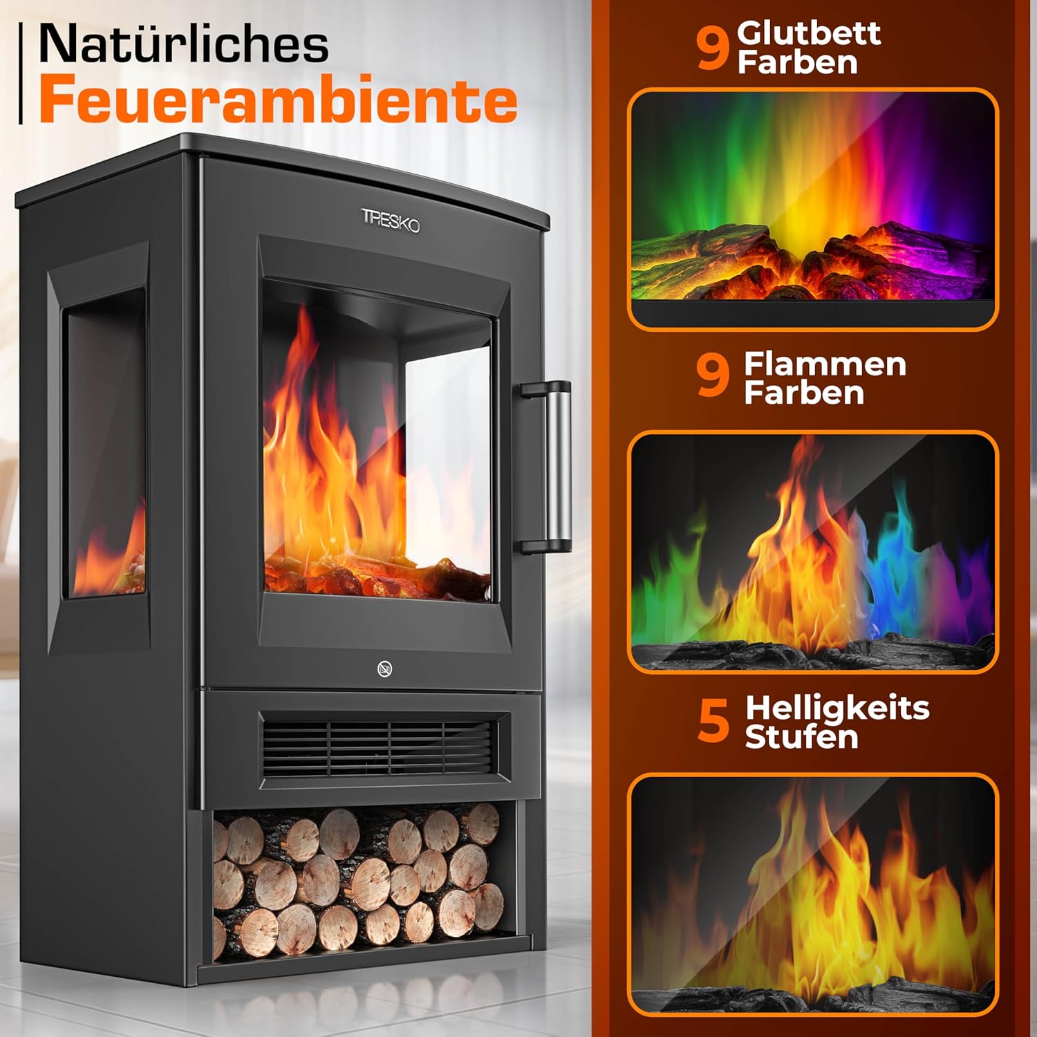 TRESKO® Elektrokamin mit Heizung inkl. Fernbedienung & WiFi App | Kamin elektrisch 1800W LED-Flammeneffekt Farbmodi | Kaminfeuer Thermostat, Timer | Elektro Kaminofen Standkamin 2 Heizstufen (Schwarz)