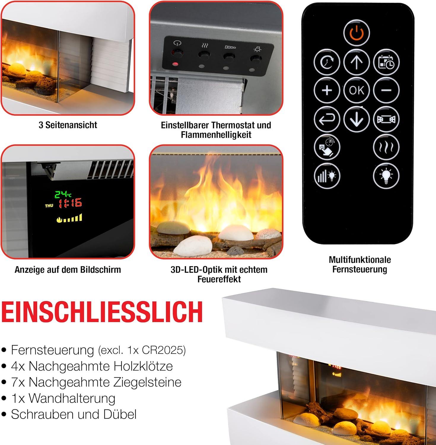 Elektrokamin - Toronto - 230V/2000W - Weiß - Kamin - mit Fernbedienung - LED-Flammeneffekt