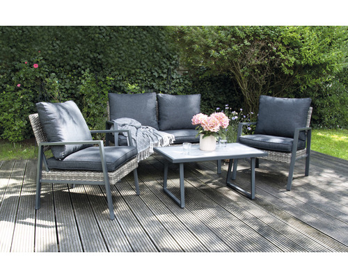 Garden Place polyrattan tuinmeubelset, 4-zits, 4-delig, inclusief tafel (90 x 50 x 43,5 cm) en kussens, antracietbruin