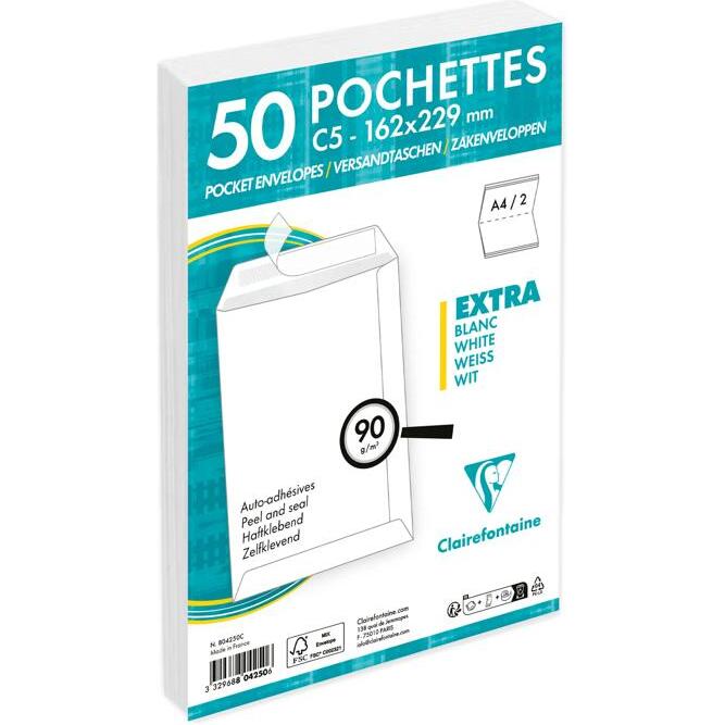 Paquet de 50 Pochettes Blanches C5-162x229 mm - Auto-Adhésives - 90g/m2 - Blanc