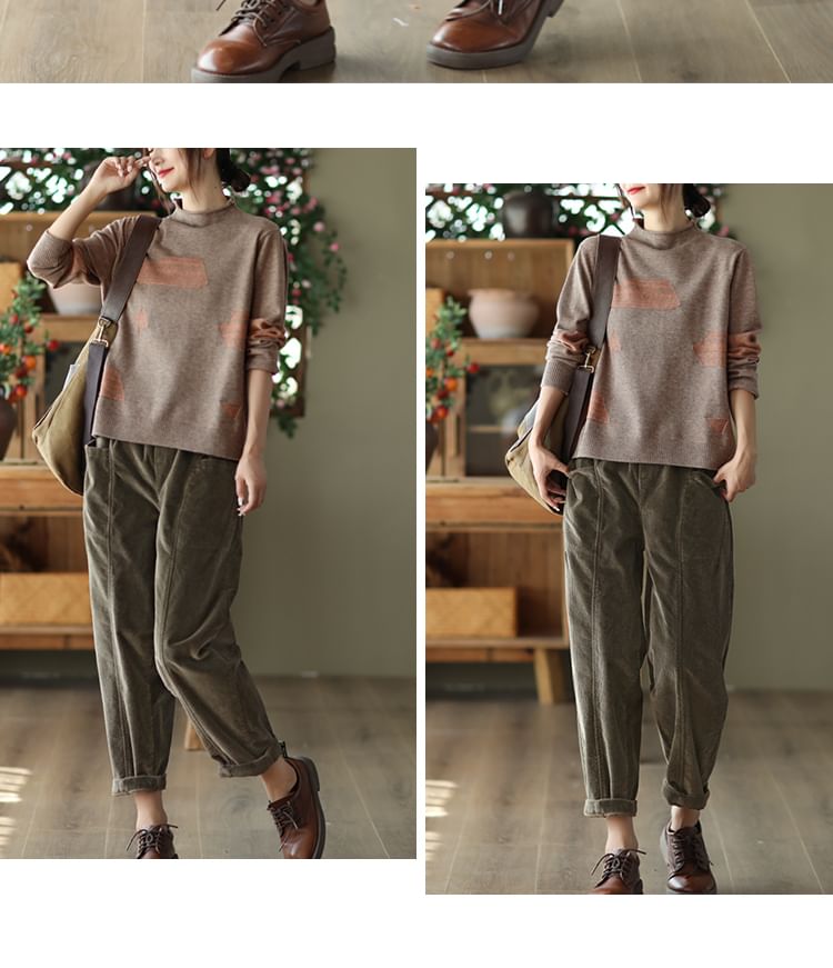 Katoen & Casual - Elastische taille, effen corduroy baggy broek
