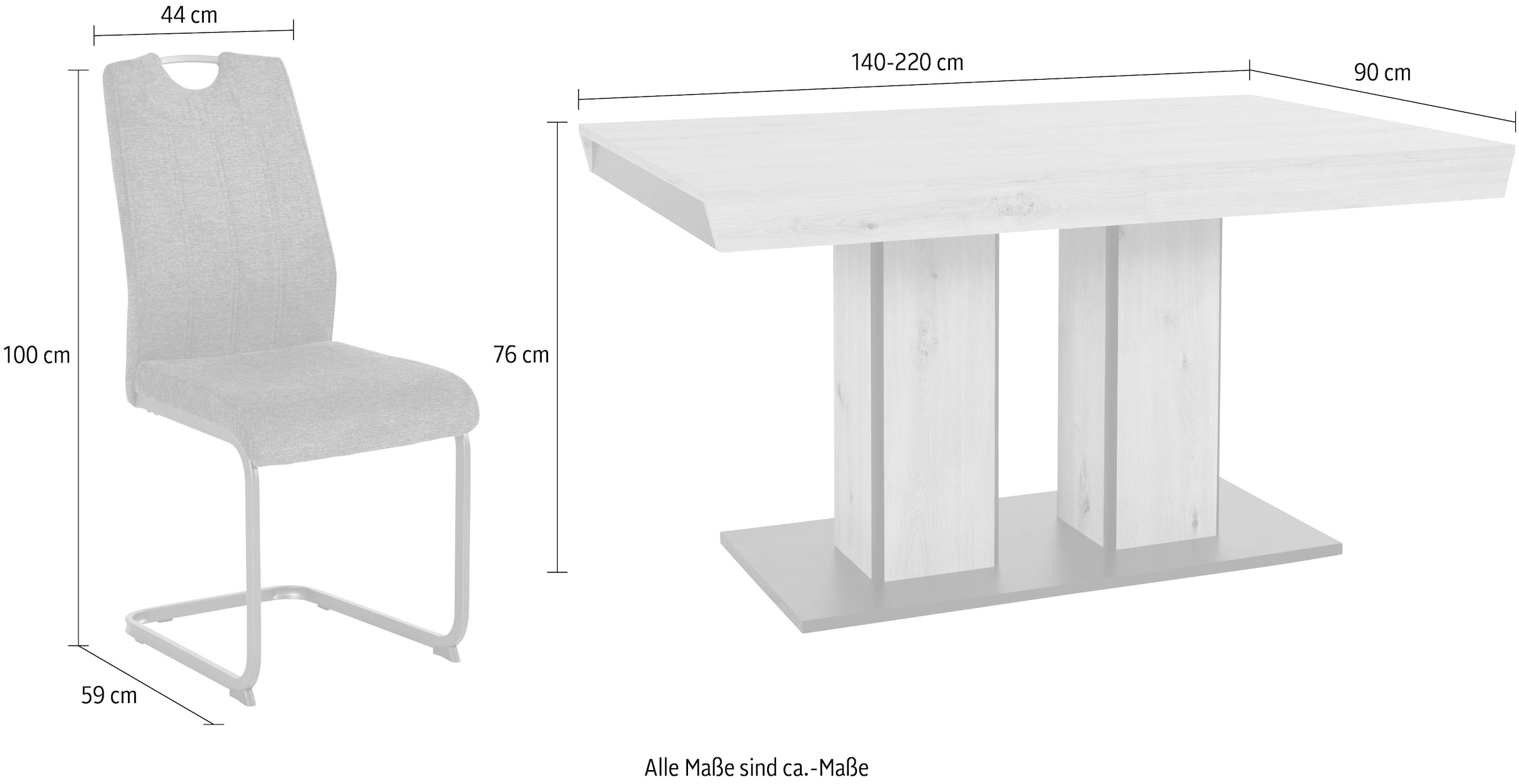 HELA Essgruppe »Tisch ausziehbar 140 -220 cm,« Set, 5 Stk. tlg. Belastbarkeit 140 KG, bequem gepolstert mit Griff