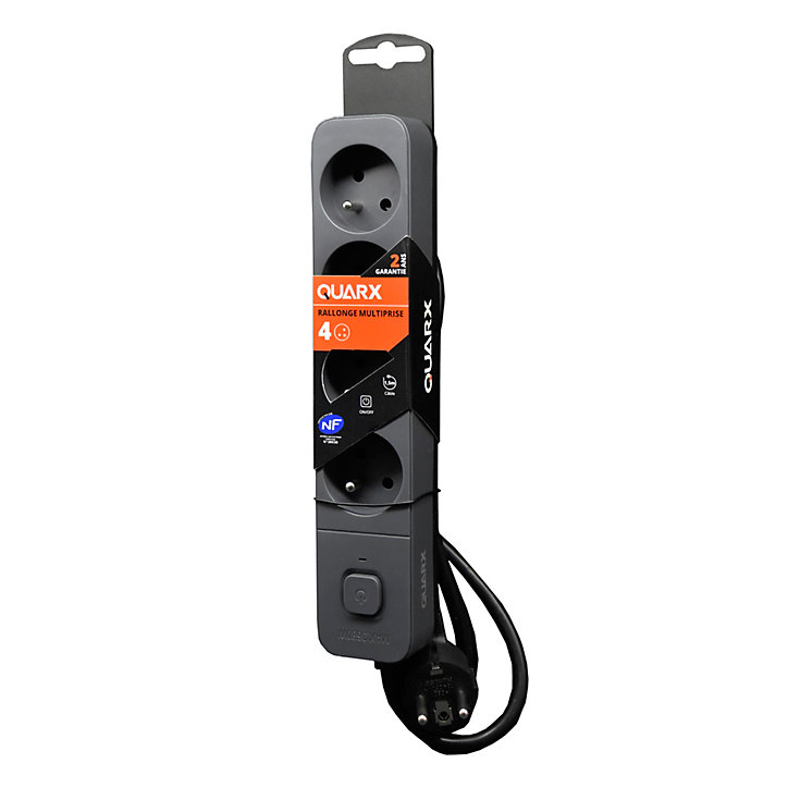 Multiprise avec interrupteur 4 prises 2 pôles + terre Quarx noir / gris 1.5 m