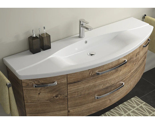 3-delige badkamermeubelset Pelipal xpressline 4010 BxHxD 144 x 200 x 49,5 cm, frontkleur eiken ribbeck, met keramische wastafel in wit en keramische wastafel, wastafelmeubel, spiegelkast met LED-verlichting, greep chroom hoogglans 4010.1400169 401014