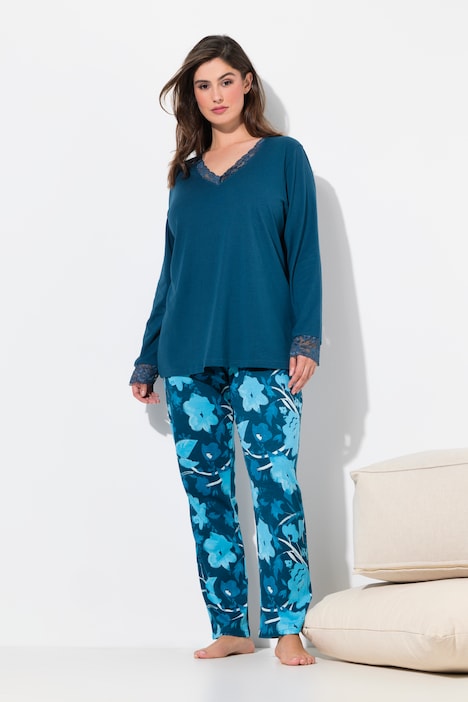 Pyjama, Spitze, V-Ausschnitt, Langarm, Modalmix