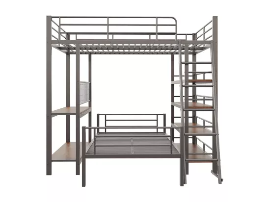 Lit superposé, cadre en métal, lit en mezzanine, 140*200, lit multifonctionnel avec plusieurs compartiments de rangement, noir