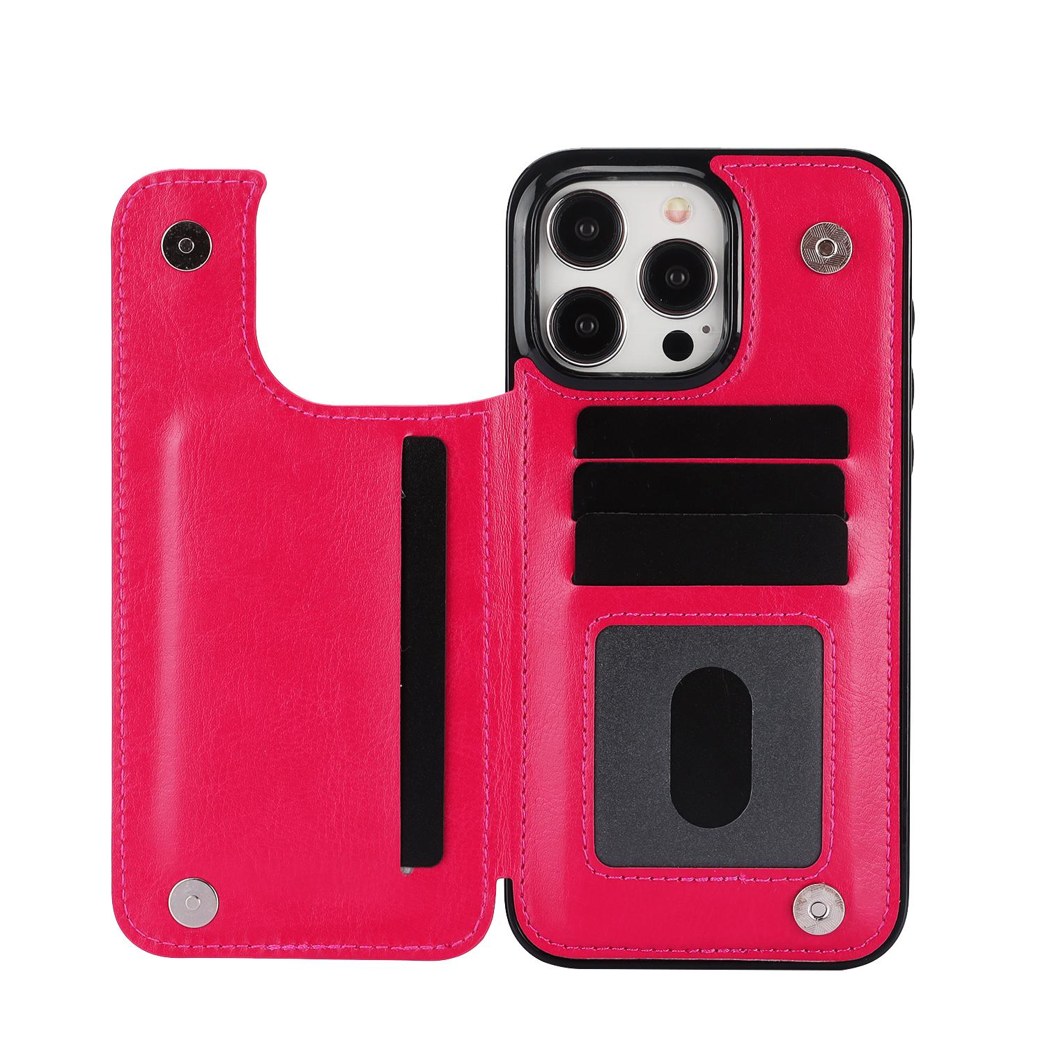 iPhone 15 Pro Max Hybrid Leder Hülle mit Kartenfach   Kickstand Aufsteller - Pink