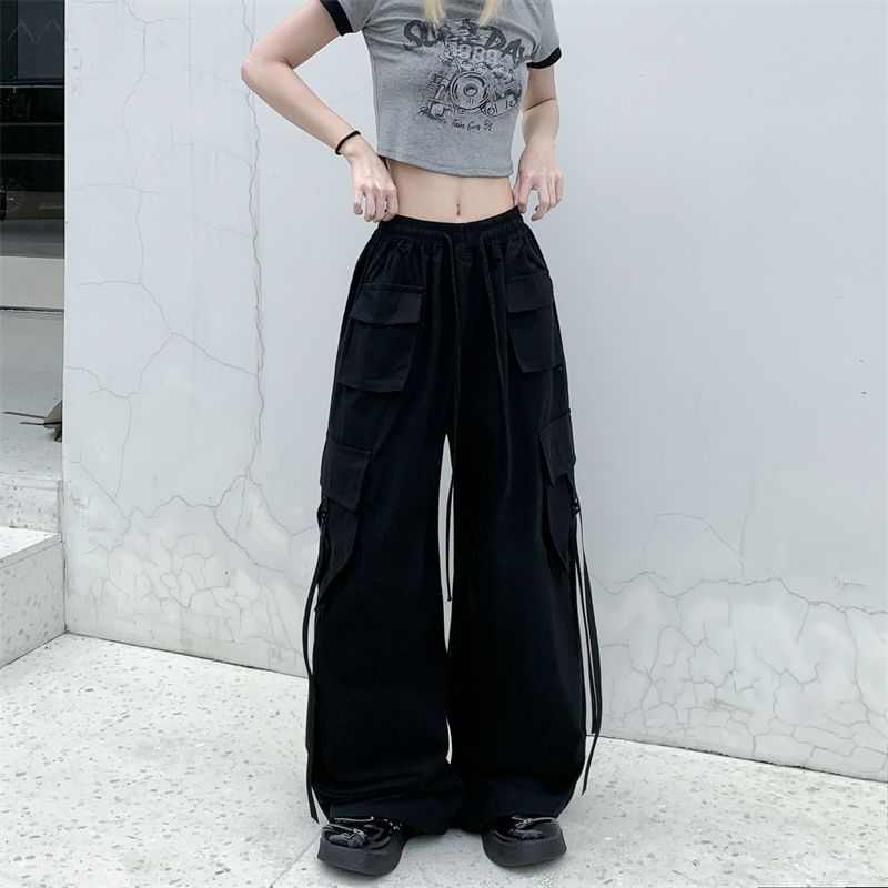 Vhancy - Low Rise Plain Wide Leg Cargo Pants