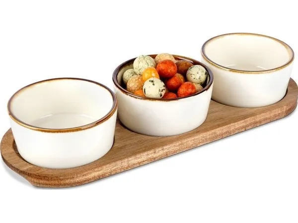 Excellent Houseware serveringsskåle i porcelæn, base af akacie