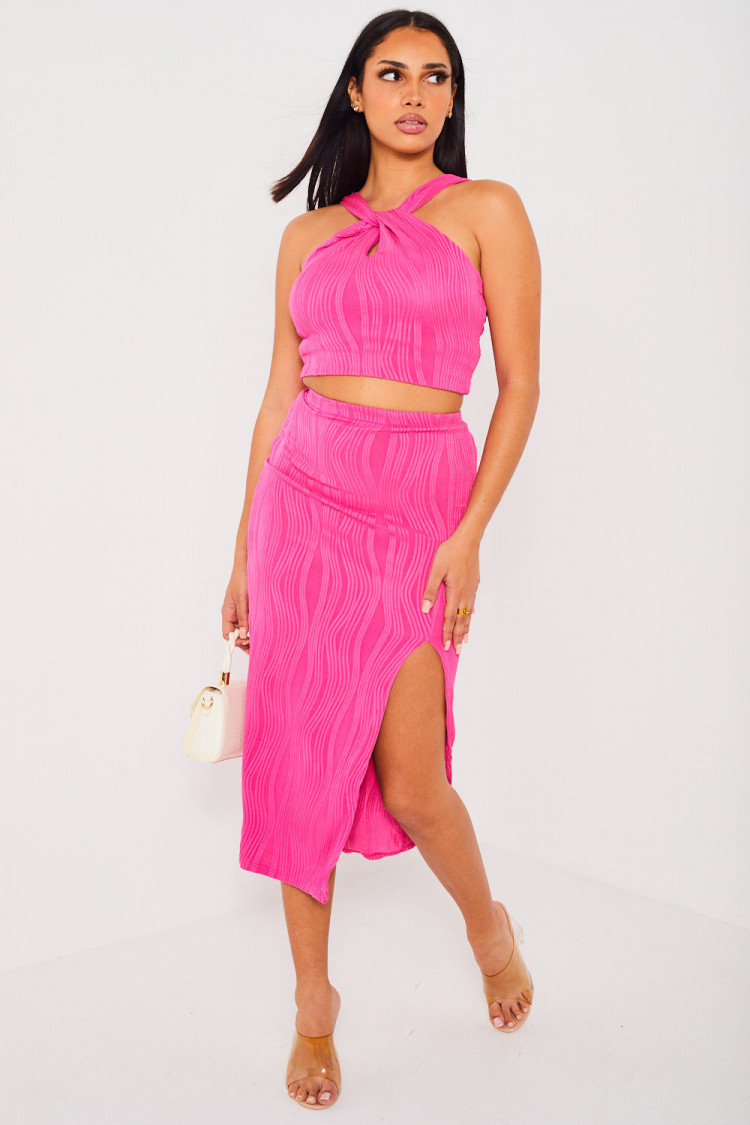 Ensemble 2 pièces crop top + jupe rose à motif vague