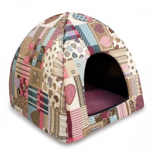 Cama em formato de iglu com corações e listras para cães e gatos, rosa.
