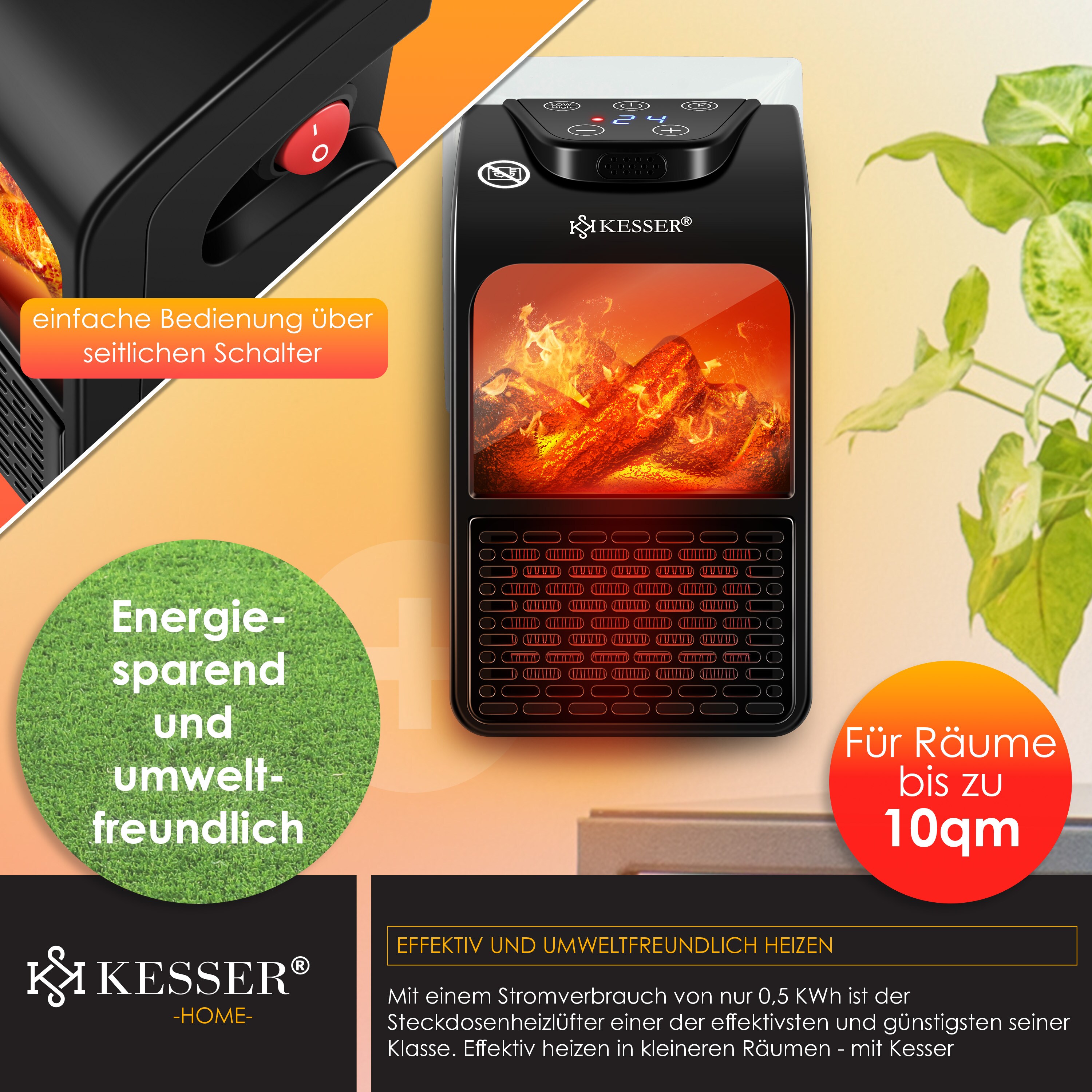 KESSER® Steckdosen Heizlüfter Energiesparend Mini mit Kaminfeuereffekt Fernbedienung LCD Display Keramik Heizung mit Thermostat 400W - Temperaturregelung Timer Büro Badezimmer Schlafzimmer