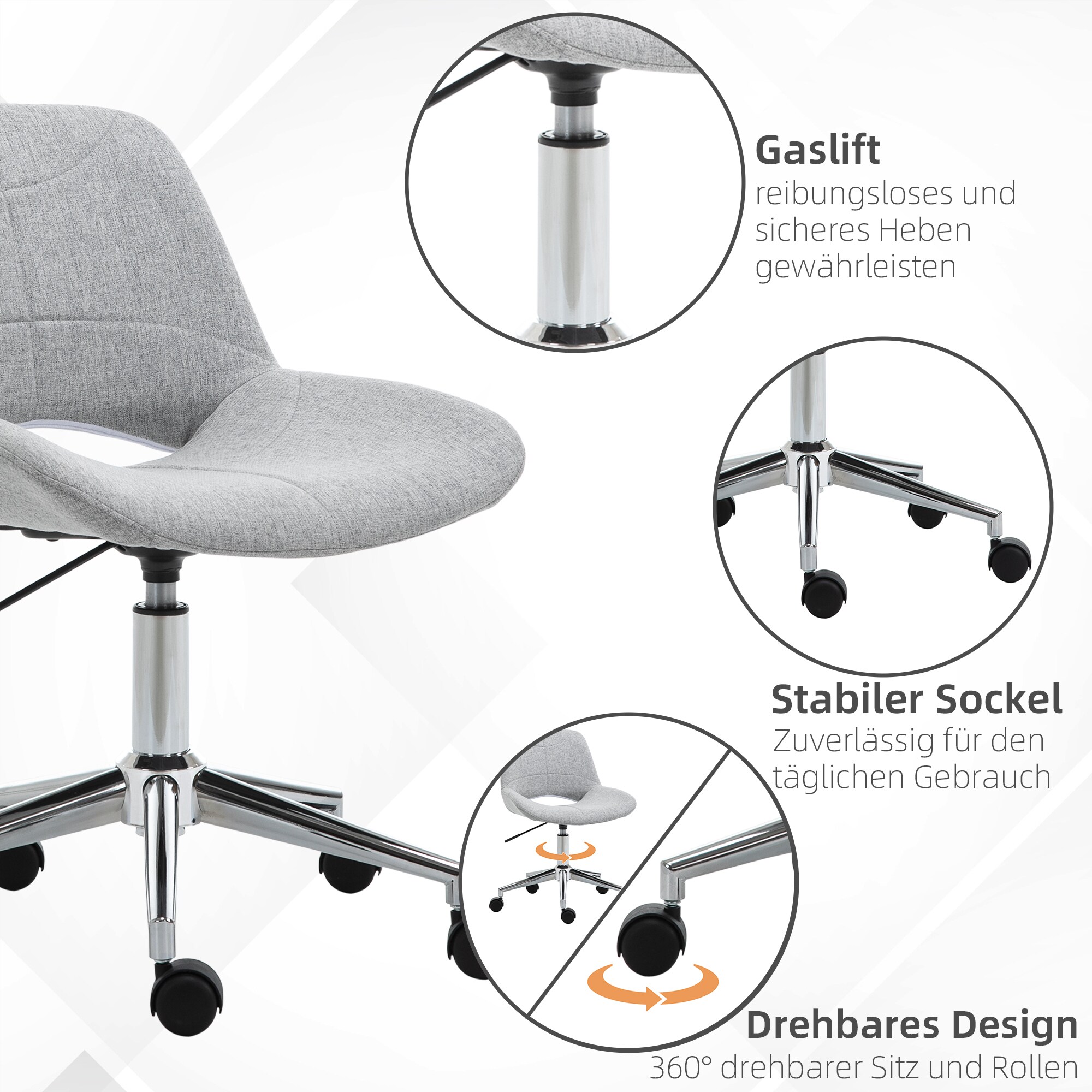 HOMCOM Höhenverstellbarer Bürostuhl mit Metallfuß und Rollen grau 49L x 56,5B x 73-82,5Hcm