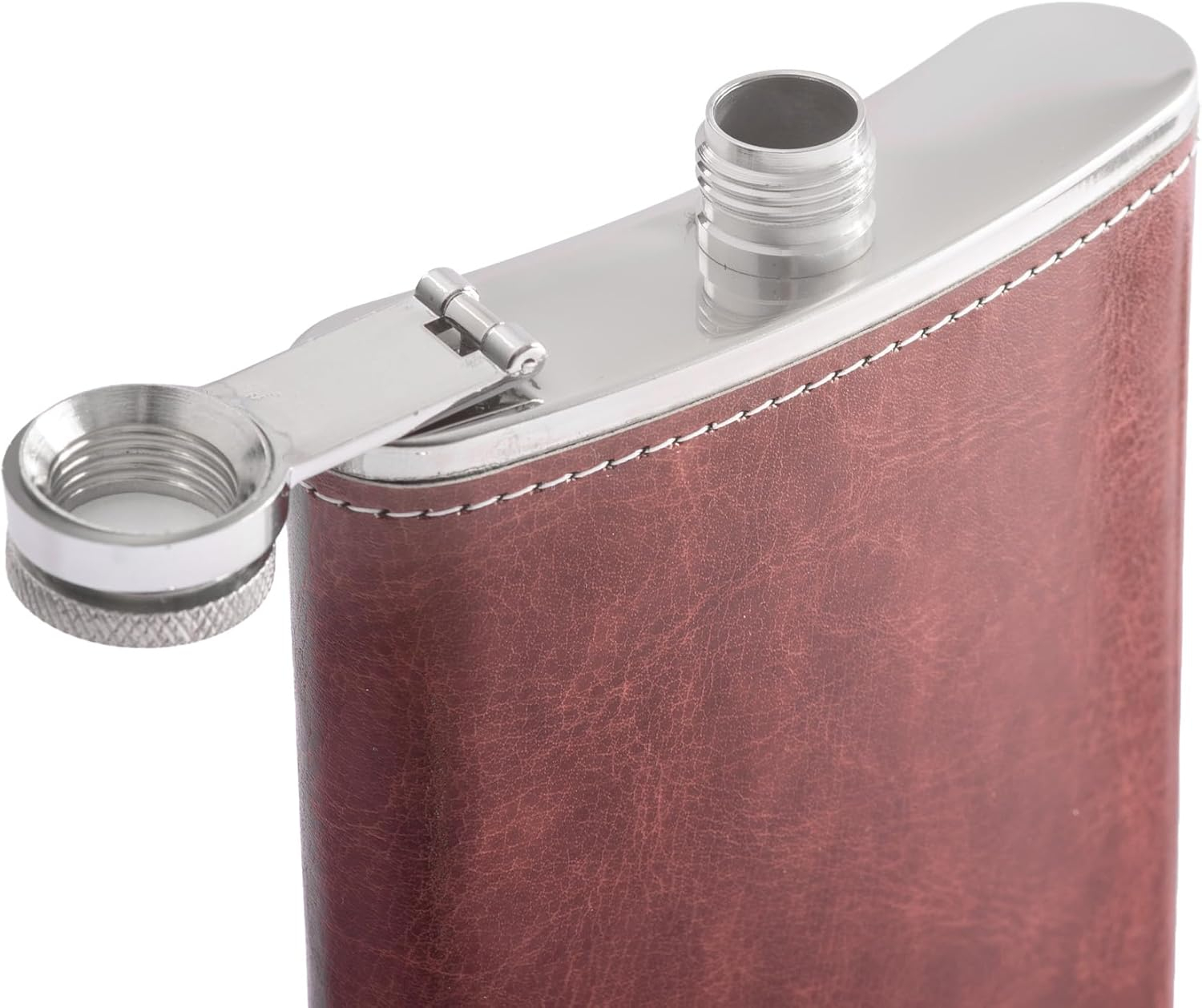 (236ml) Edelstahl Flachmann im Leder Design Edle Geschenkidee inkl. Trichter / Shot Becher - Braun / Silber