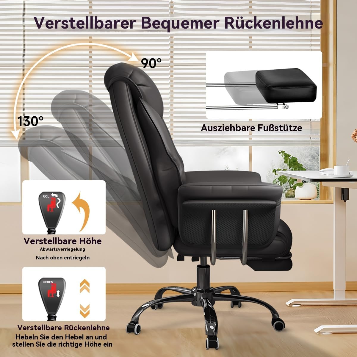 Großer und hoher Bürostuhl 250 kg Extrabreiter Leder-Chefsessel mit ausziehbarer Fußstütze Hochbelastbarer ergonomischer Stuhl Höhenverstellbarer Computerstuhl