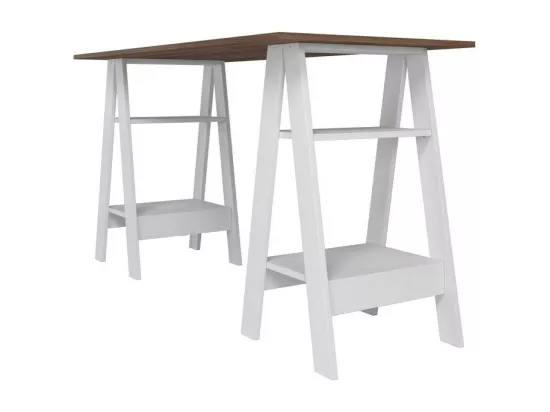 Bureau 2 Tréteaux 4 Niches Blanc et Châtaignier L 135 H 75 P 60 cm
