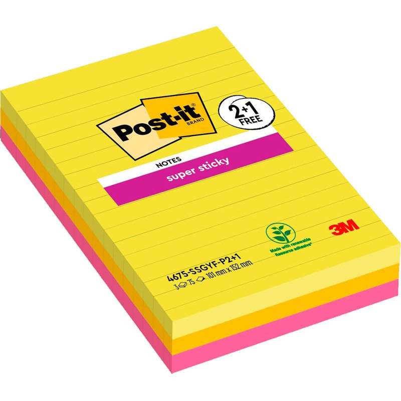 Pack 2 notes repositionnables couleurs assorties lignées Super Sticky - bloc de 75 feuilles + 1 offerte