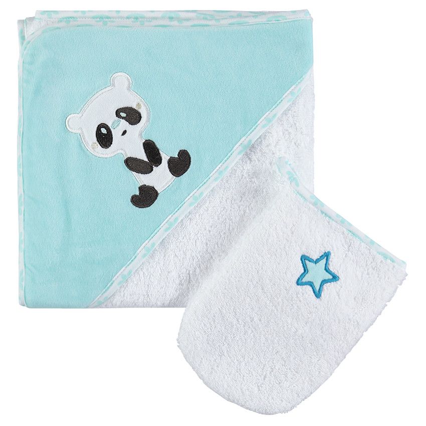 Set de bain en éponge avec panda et étoile brodés - Bleu